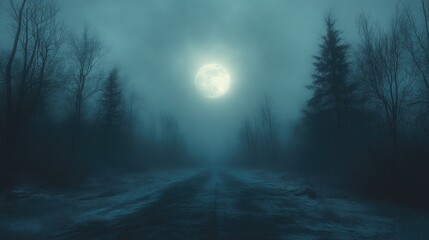 Obraz premium A dark road through a foggy forest, with a full moon. This photo is perfect for creating a mysterious or eerie atmosphere in your designs.