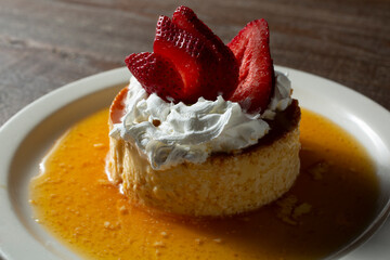 A closeup view of a plate of flan.