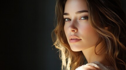 Naklejka premium Serene Portrait of a Young Woman with Natural Beauty and Soft Lighting Capturing the Essence of Youth and Grace in a Subtle Composition