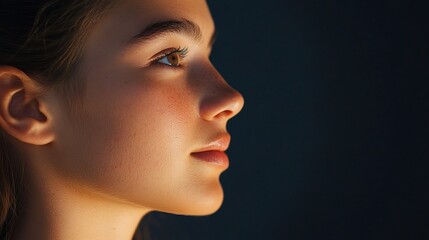Fototapeta premium Captivating Profile Portrait of a Young Woman with Soft Features and Natural Lighting, Showcasing Ethereal Beauty and Serenity Against a Dark Background