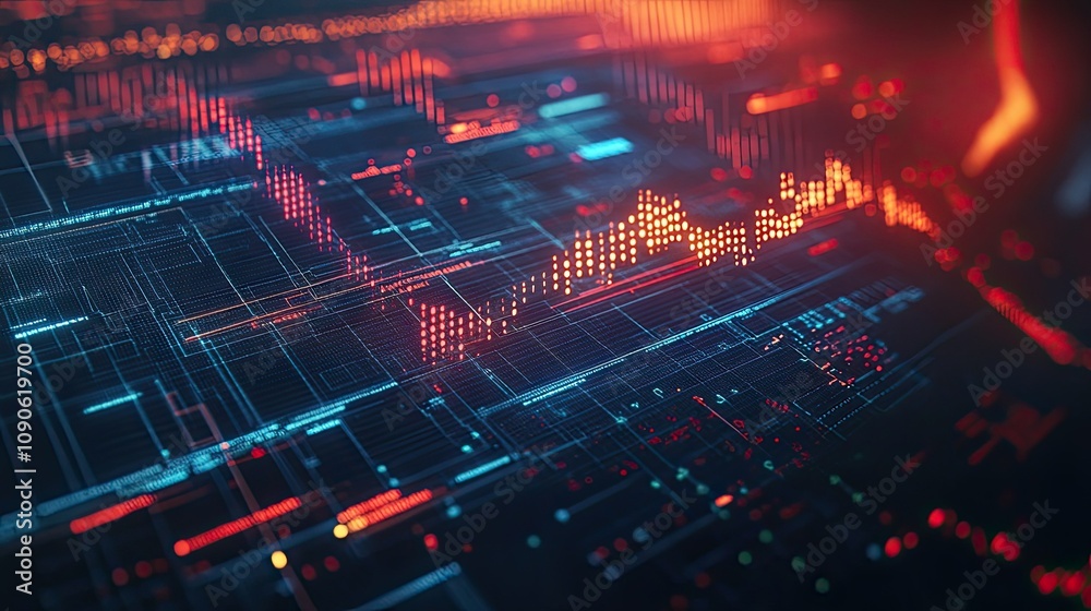 Poster abstract data visualization with bright neon effects displaying digital information flow and advance