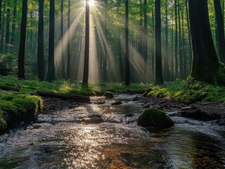Obraz premium Sunlight streams through trees, illuminating a small river. This photo is perfect for nature-themed projects, evoking feelings of peace and tranquility.