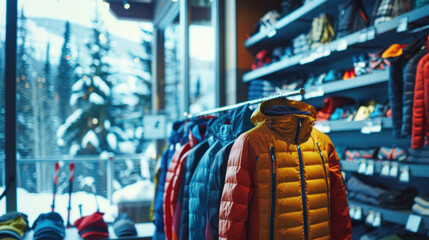 A photo of a winter gear store, with warm down jackets and activewear on a rack in the foreground.  