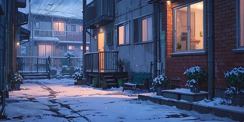 Village with heavy snowfall at night cartoon anime style 