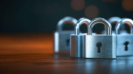 Fototapeta premium Padlock on wooden table, closeup depicting security and protection 