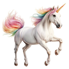 A majestic unicorn with a vibrant, rainbow-colored mane, striking a dynamic pose, featuring a spiraled horn and a sleek white coat.