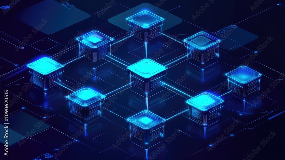Poster futuristic digital network concept featuring interconnected processors with glowing circuits in a hi