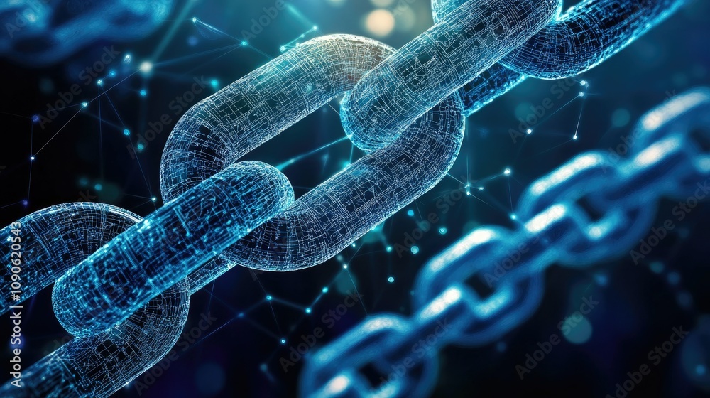 Poster high-tech digital concept: close-up of futuristic chain links representing blockchain technology and