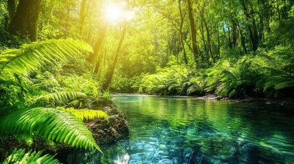 Sunlit stream flows through lush green rainforest.