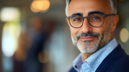 Fototapeta premium Portrait of a mature man with glasses, smiling gently, set against a blurred office background. He exudes confidence and professionalism.