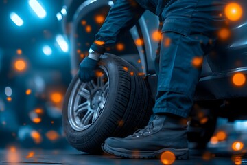 Naklejka premium Mechanics changing car tires with focus and precision, highlighting essential vehicle maintenance and safety during seasonal transitions or road repairs