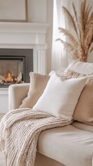 Fototapeta premium Living room with a roaring fireplace, pillows and a knitted blanket, a cozy atmosphere for a cold day
