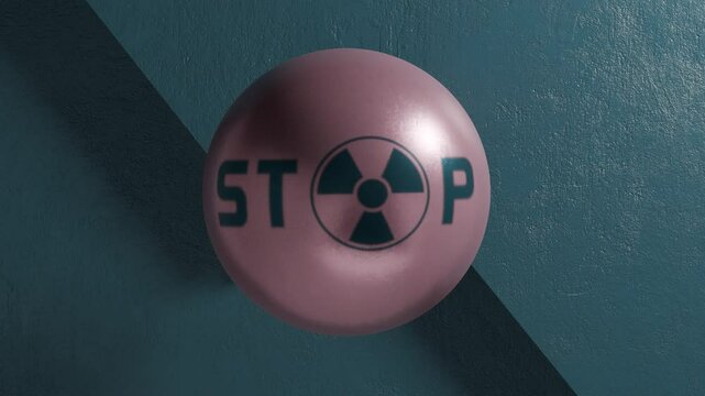 Loop 3d animation of a bronze core, a ball with the text STOP THE WAR and on whom nuclear danger, a symbol of radiation. Abstract 3D animation on the anti-war theme, the threat of atomic war