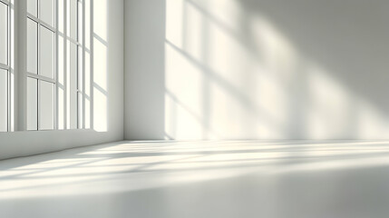 Obraz premium Sunlight Illuminates Minimalist White Room Interior with Large Window, Casting Shadows on Walls and Floor, Creating a Serene and Bright Atmosphere.