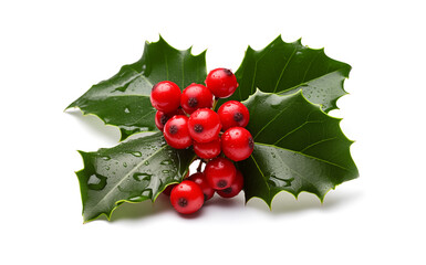 holly leaves with red berries on a white background.