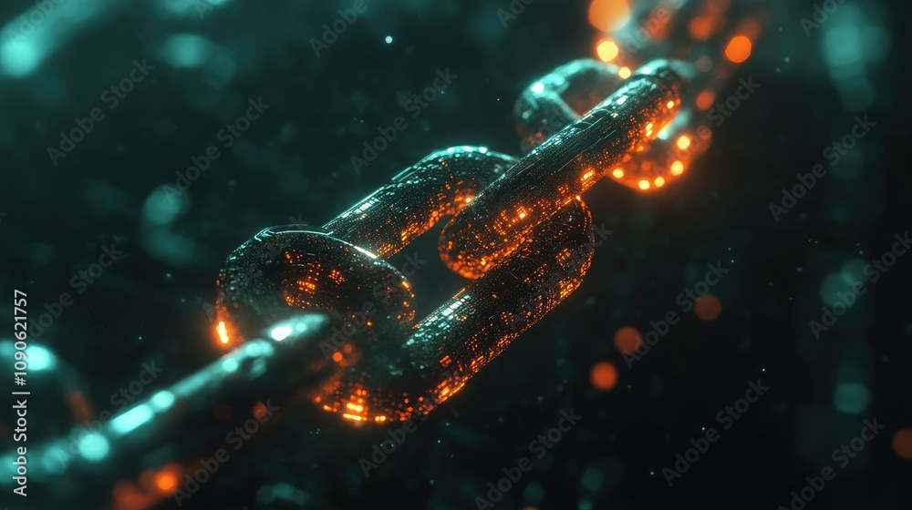 Poster futuristic digital chain links illuminated in energy with glowing effects, representing blockchain t