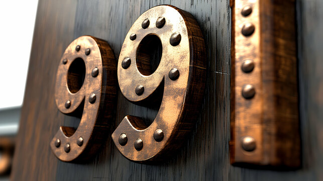 3D Render of Wooden Number 991 with Metal Rivets on Dark Wood Background