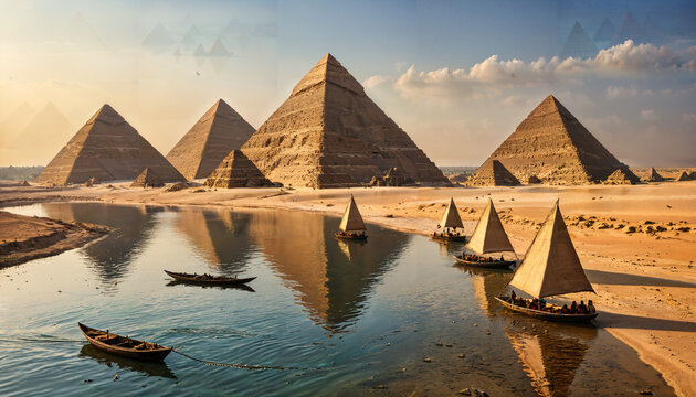 "Voiliers devant les pyramides majestueuses"