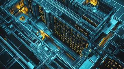 Fototapeta premium Aerial view of a futuristic, intricate network of interconnected structures in a digital landscape.