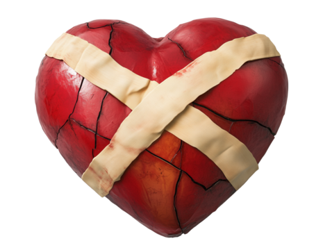 A heart with bandages, symbolizing the healing process of love after broken cracks, isolated on transparent background