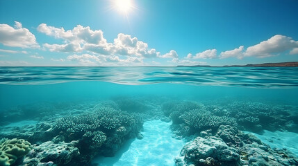 Fototapeta premium Stunning Underwater Scene: Vibrant Coral Reef Thrives Beneath a Sunny Sky and Azure Waters, Creating a Breathtaking Tropical Paradise.