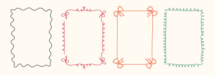 Hand Drawn frame set with doodle bows, ribbons. Whimsical line borders for birthday, christmas, wedding Invitations. Coquette bow set. Vintage minimalist elements in trendy line art style. Vector illu