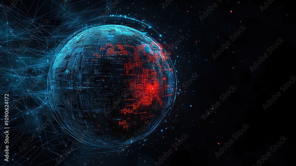 Poster futuristic digital planet model with network connections and glowing data points representing global