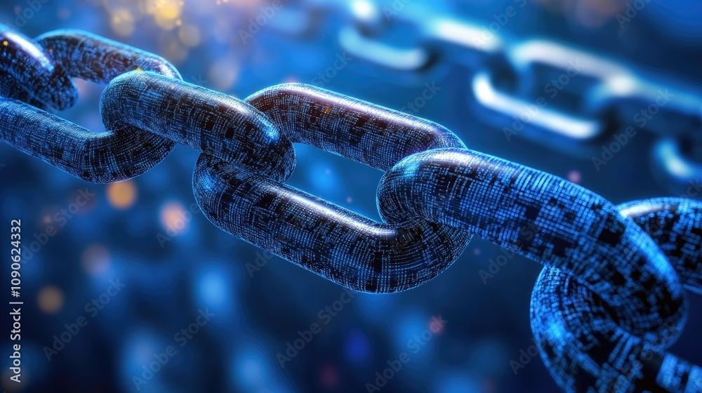 Poster close-up view of a digital chain link representing strong security and connectivity in a futuristic 