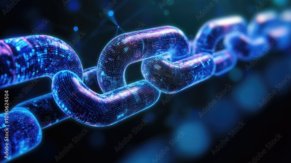 Poster digital chain link representing blockchain technology and data security with futuristic elements in 