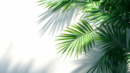 Obraz premium Vibrant Green Palm Fronds Cast Shadows on White Background, Creating a Tropical Summer Aesthetic Illustration
