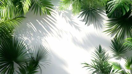 Obraz premium Lush Tropical Foliage Creates a Vibrant, Sun-Dappled Frame on a White Background, Ideal for Design Projects.