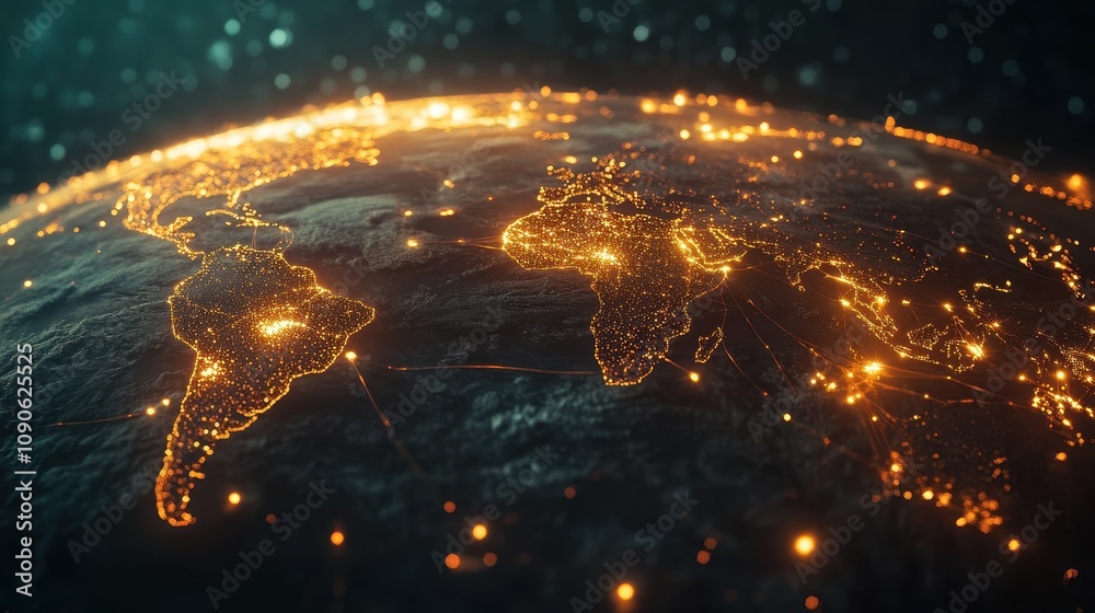 Fototapete a digital world map with glowing nodes and network lines forming a globe, leaving open space at the 