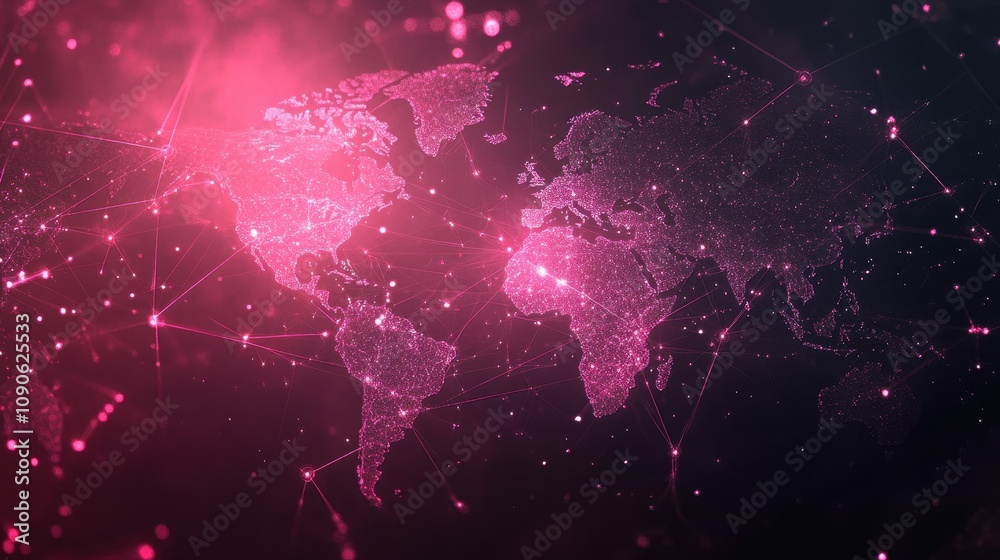 Fototapete a digital world map with glowing nodes and network lines forming a globe, leaving open space at the 
