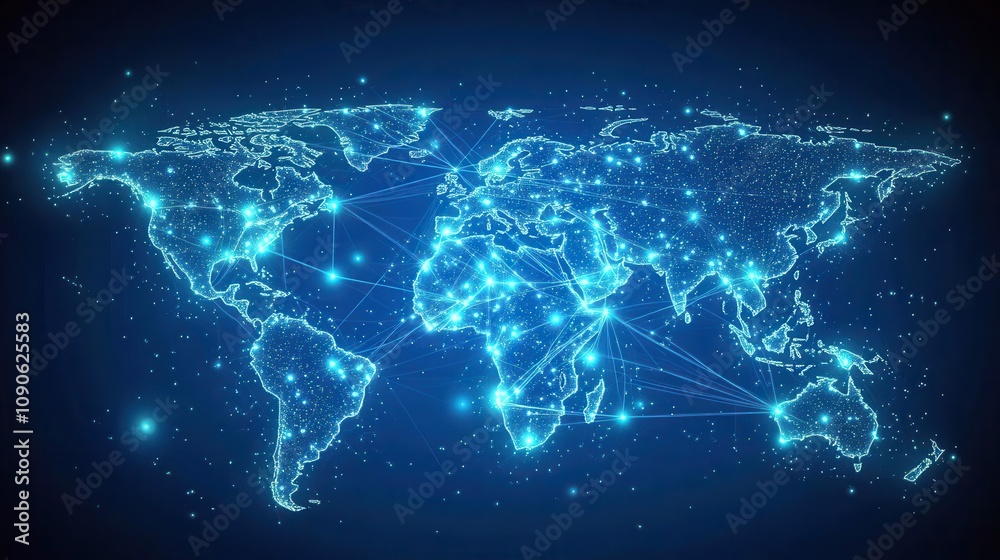 Fototapete a digital world map with glowing nodes and network lines forming a globe, leaving open space at the 