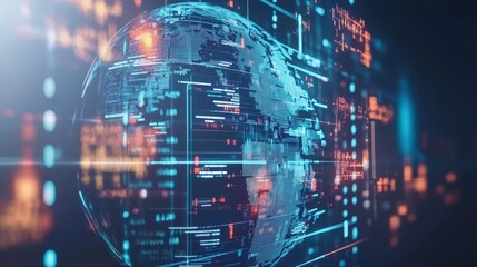 Obraz premium A dynamic digital globe with abstract technological elements and global connectivity lines, featuring a large area on the right side for adding text, stats, or headlines.