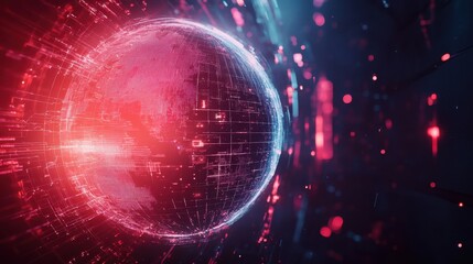 Obraz premium A glowing digital globe surrounded by abstract technology lines and icons, with ample space on the right for text or a message. The globe represents global connectivity and digital transformation.