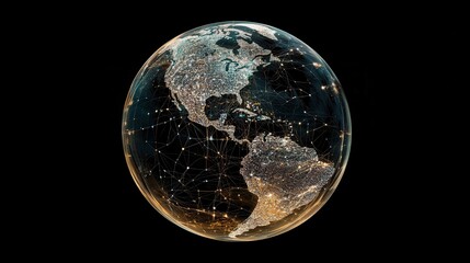 A transparent globe with digital data streams and global connections, with blank space at the bottom for an informative text overlay or title.