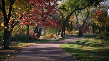 Naklejka premium City Trail - Autumn Park with Red and Green Foliage in Denver/Lakewood, Colorado, USA