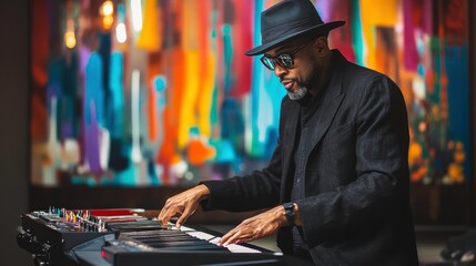 Expressive Musician Playing Vibraphone in Art Gallery