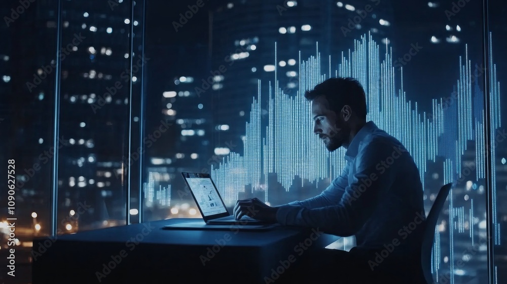 Poster a man is sitting at a desk with a laptop in front of him
