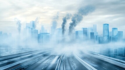 Obraz premium A foggy urban landscape with smoke and pollution rising from buildings.