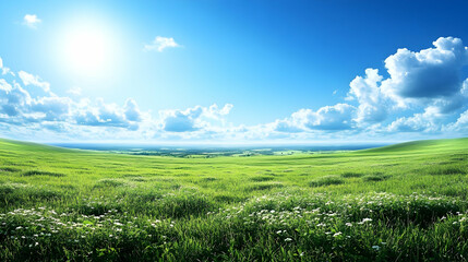 Vibrant Green Field with White Flowers Under a Sunny Sky, Idyllic Pastoral Landscape Photography