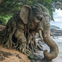 Fototapeta premium A surreal elephant sculpture with roots, blending nature and artistry by the shore.