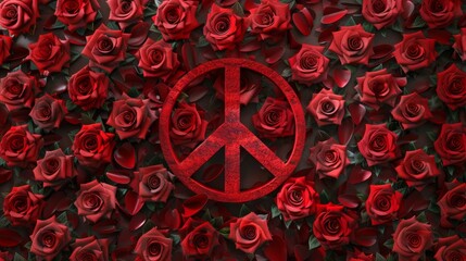 Fototapeta premium A red rose bush with a peace sign in the middle. The roses are arranged in a way that they surround the peace sign, creating a beautiful and peaceful scene