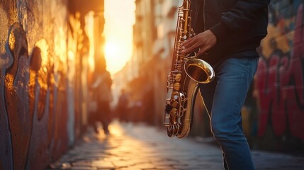 Obraz premium Urban Alley Musician in Soft Natural Light