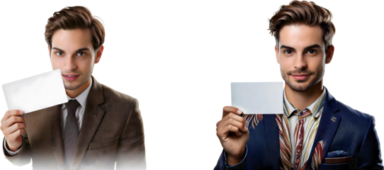 Stylish man in suit holding blank card for mockup, isolated on transparent background, showcasing professionalism and versatility in corporate settings