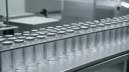 Obraz premium Close-Up View of Vials or Vessel Filling on a Pharmaceutical Production Line for Precision Medicine Packaging