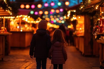 Children holding hands at a festive night market