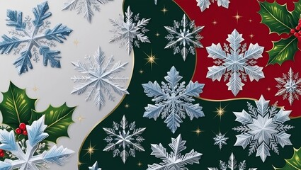 Background Christmas Pattern with Snowflakes and Holly Leaves