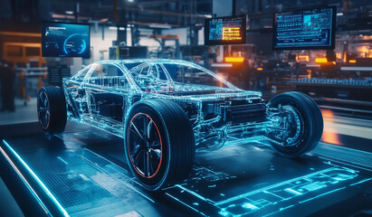 Fototapeta premium Futuristic Electric Car Frame Display in Advanced Automotive Factory Workshop